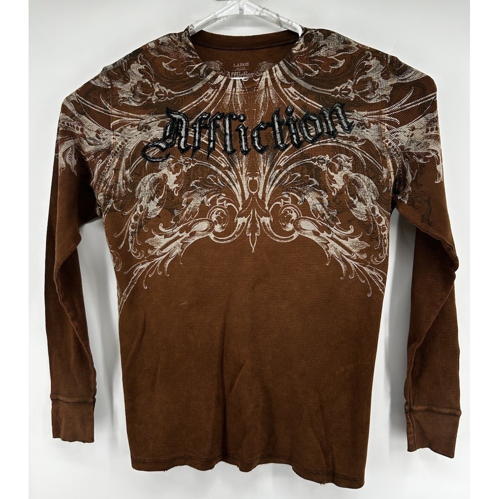 Affliction Long Sleeve Thermal Shirt Brown Distressed Mens Size Large